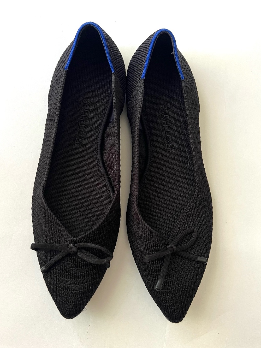 Rothy's Black Pointed Knit Ballet Flats with Blue Trim